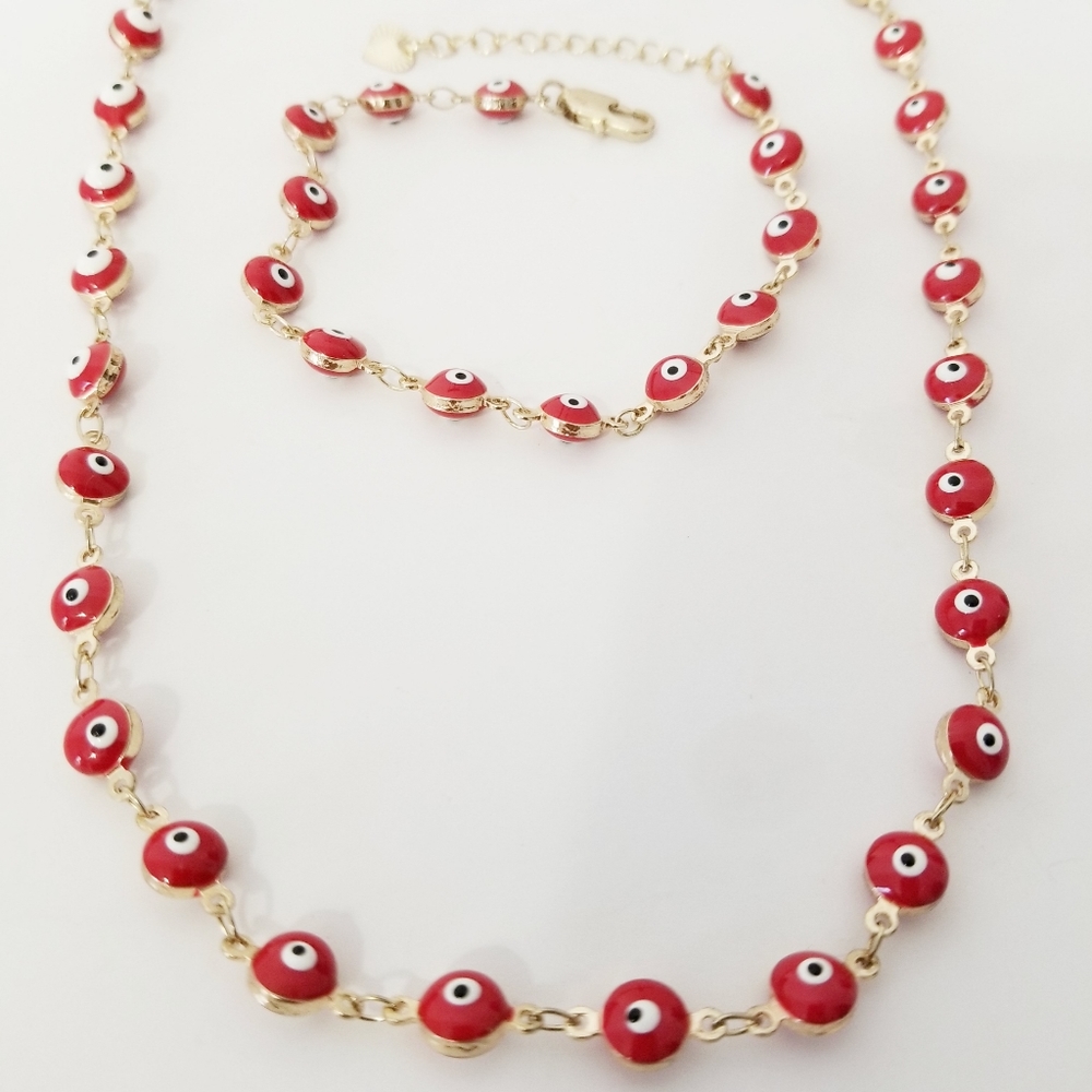 Red Evil Eye Necklace Set. 14K Gold Plated. New